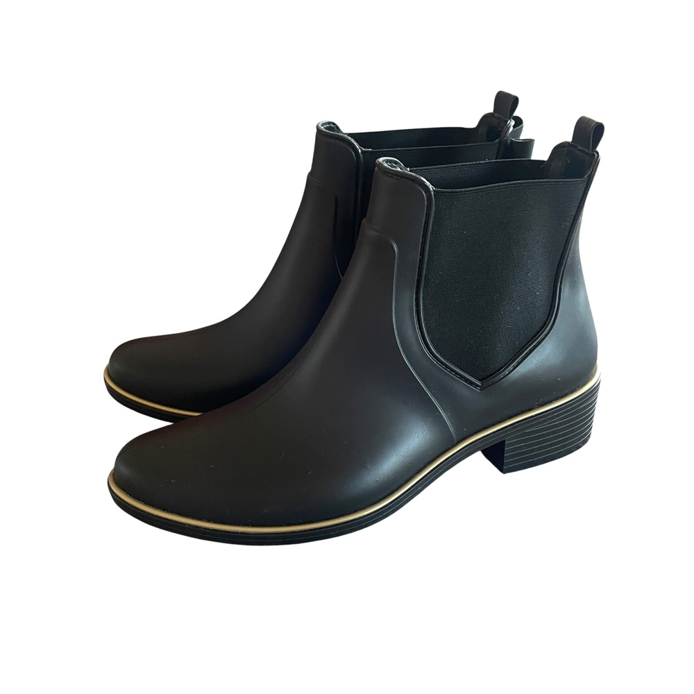 KATE SPADE NEW YORK Size 9 Black Matte Gold Rubber Rain Booties Sedgewick FLAW